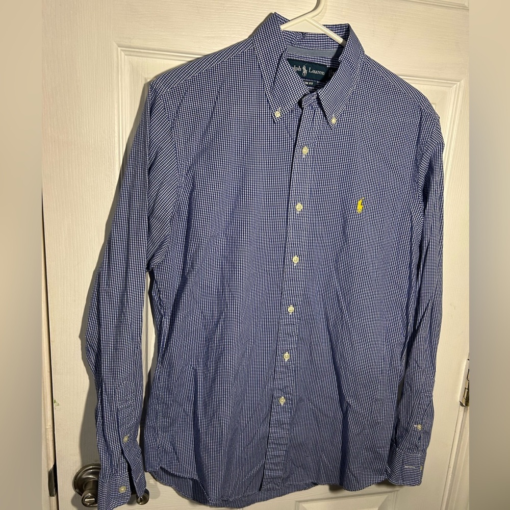 Ralph Lauren mens long-sleeve custom-fit Medium blue white yellow pony logo - Picture 2 of 11